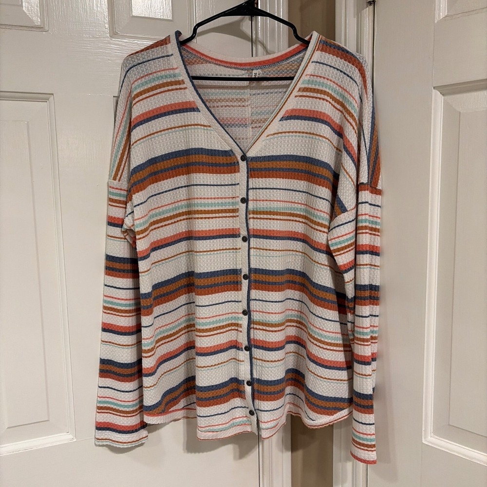 Mudd Womens Relaxed Fit Cardigan Top Multi Stripe XL Waffle Knit Button Front